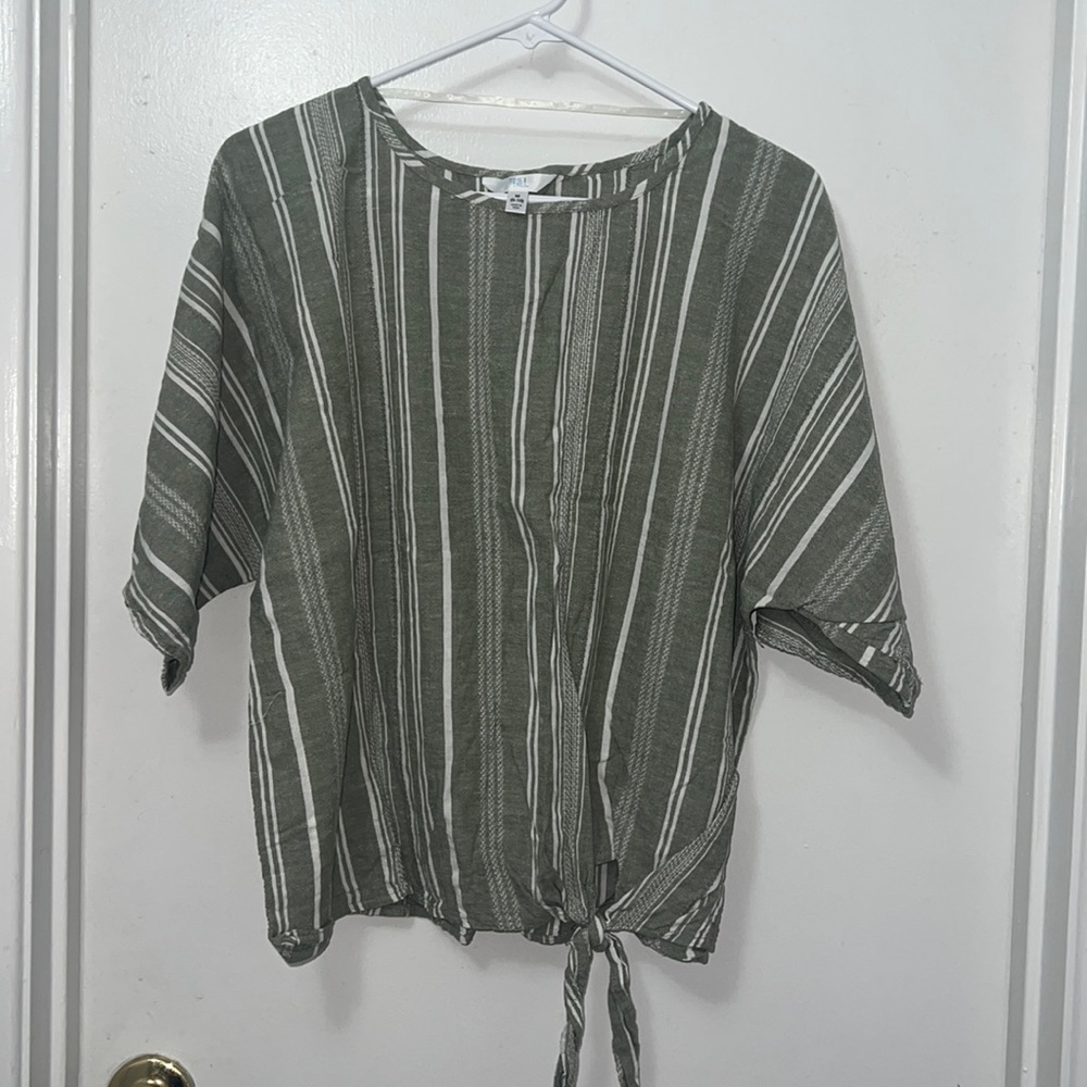 Green striped top, ties at the bottom